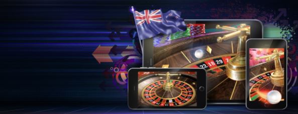 Online casinos, roulette tables on tablet, mobiles with nz flag